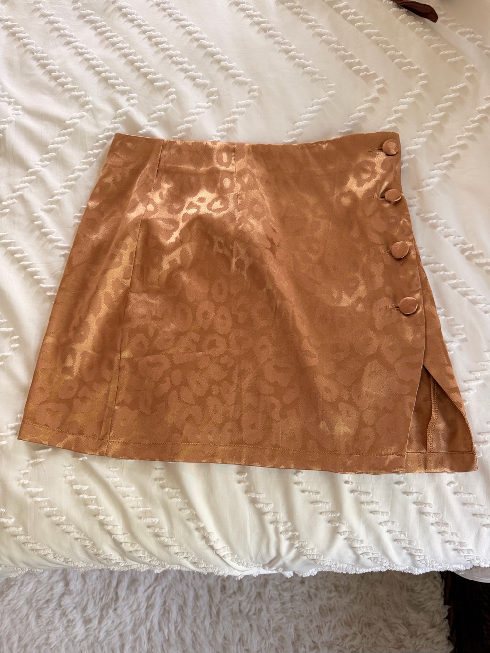 SHEIN Copper Satin Leopard Jacquard Mini Skirt with Side Buttons